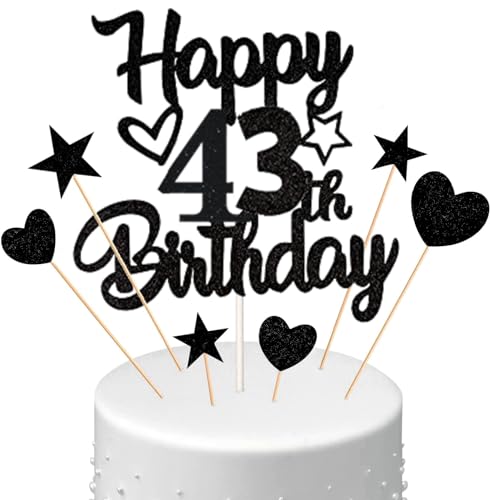 Conruich Tortendeko 43. Geburtstag Mann, Kuchendeko Happy 43th Birthday Schwarz, Glitzer Kuchen Topper 43. Geburtstag Ballons Konfetti Papierfächer für Geburtstagstorte Deko 43 Jahre Frauen Männer von Conruich