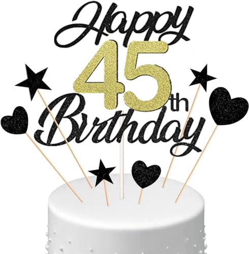 Conruich Tortendeko 45. Geburtstag Mann, Kuchen Topper Happy 45th Birthday Schwarz, Glitzer Kuchen Deko 45. Geburtstag Ballons Konfetti Papierfächer für Geburtstagstorte Deko 45 Jahre Frauen Männer von Conruich