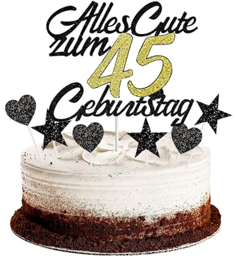 Conruich Tortendeko 45. Geburtstag Mann, Kuchendeko Happy 45th Birthday Schwarz, Glitzer Kuchen Topper 45. Alles Gute Geburtstag Ballons Konfetti für 45 Jahre Geburtstagstorte Deko Frauen Männer von Conruich