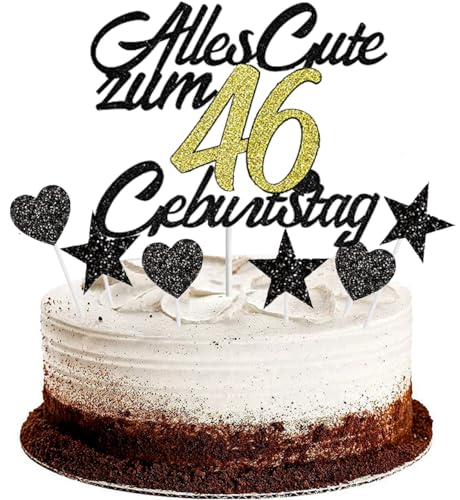 Conruich Tortendeko 46. Geburtstag Mann, Kuchendeko Happy 46th Birthday Schwarz, Glitzer Kuchen Topper 46. Alles Gute Geburtstag Ballons Konfetti für 46 Jahre Geburtstagstorte Deko Frauen Männer von Conruich