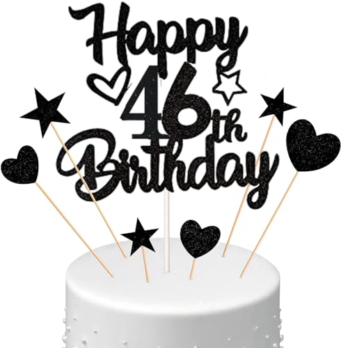 Conruich Tortendeko 46. Geburtstag Mann, Kuchendeko Happy 46th Birthday Schwarz, Glitzer Kuchen Topper 46. Geburtstag Ballons Konfetti Papierfächer für Geburtstagstorte Deko 46 Jahre Frauen Männer von Conruich