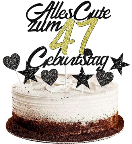 Conruich Tortendeko 47. Geburtstag Mann, Kuchendeko Happy 47th Birthday Schwarz, Glitzer Kuchen Topper 47. Alles Gute Geburtstag Ballons Konfetti für 47 Jahre Geburtstagstorte Deko Frauen Männer von Conruich