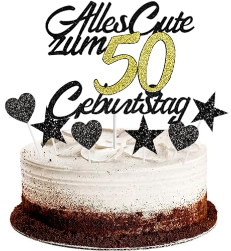 Conruich Tortendeko 50. Geburtstag Mann, Kuchendeko Happy 50th Birthday Schwarz, Glitzer Kuchen Topper 50. Alles Gute Geburtstag Ballons Konfetti für 50 Jahre Geburtstagstorte Deko Frauen Männer von Conruich