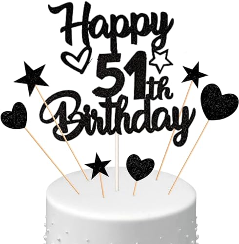 Conruich Tortendeko 51. Geburtstag Mann, Kuchendeko Happy 51th Birthday Schwarz, Glitzer Kuchen Topper 51. Geburtstag Ballons Konfetti Papierfächer für Geburtstagstorte Deko 51 Jahre Frauen Männer von Conruich