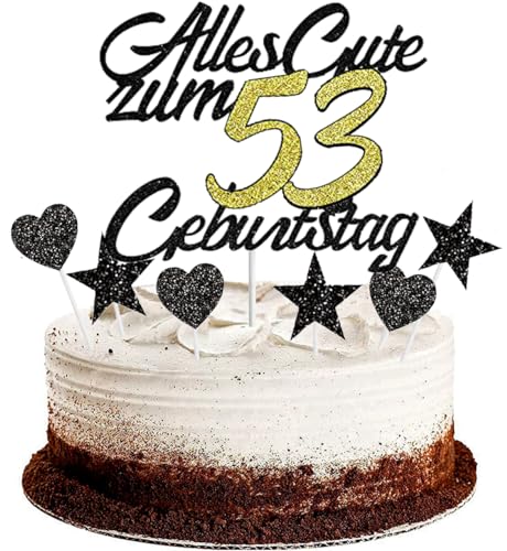 Conruich Tortendeko 53. Geburtstag Mann, Kuchendeko Happy 53th Birthday Schwarz, Glitzer Kuchen Topper 53. Alles Gute Geburtstag Ballons Konfetti für 53 Jahre Geburtstagstorte Deko Frauen Männer von Conruich