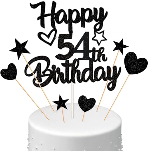 Conruich Tortendeko 54. Geburtstag Mann, Kuchendeko Happy 54th Birthday Schwarz, Glitzer Kuchen Topper 54. Geburtstag Ballons Konfetti Papierfächer für Geburtstagstorte Deko 54 Jahre Frauen Männer von Conruich