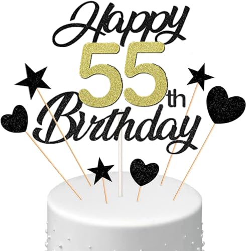 Conruich Tortendeko 55. Geburtstag Mann, Kuchen Topper Happy 55th Birthday Schwarz, Glitzer Kuchen Deko 55. Geburtstag Ballons Konfetti Papierfächer für Geburtstagstorte Deko 55 Jahre Frauen Männer von Conruich