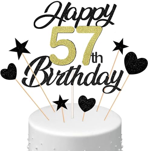 Conruich Tortendeko 57. Geburtstag Mann, Kuchen Topper Happy 57th Birthday Schwarz, Glitzer Kuchen Deko 57. Geburtstag Ballons Konfetti Papierfächer für Geburtstagstorte Deko 57 Jahre Frauen Männer von Conruich