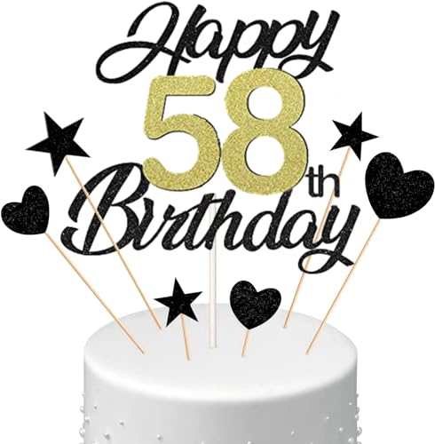 Conruich Tortendeko 58. Geburtstag Mann, Kuchen Topper Happy 58th Birthday Schwarz, Glitzer Kuchen Deko 58. Geburtstag Ballons Konfetti Papierfächer für Geburtstagstorte Deko 58 Jahre Frauen Männer von Conruich