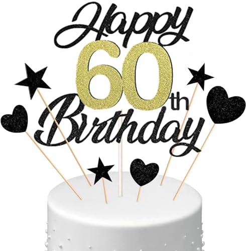 Conruich Tortendeko 60. Geburtstag Mann, Kuchen Topper Happy 60th Birthday Schwarz, Glitzer Kuchen Deko 60. Geburtstag Ballons Konfetti Papierfächer für Geburtstagstorte Deko 60 Jahre Frauen Männer von Conruich