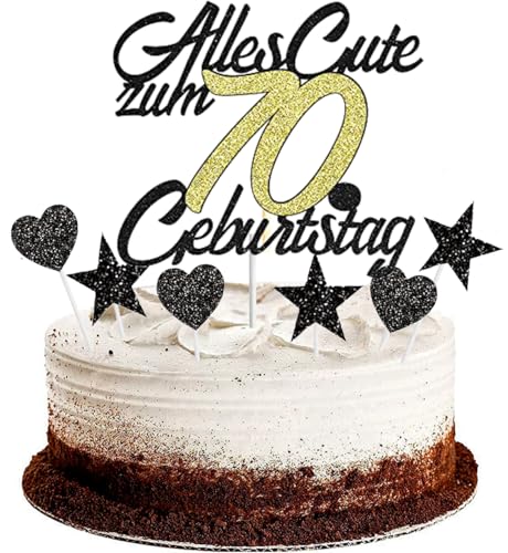 Conruich Tortendeko 70. Geburtstag Mann, Kuchendeko Happy 70th Birthday Schwarz, Glitzer Kuchen Topper 70. Alles Gute Geburtstag Ballons Konfetti für 20 Jahre Geburtstagstorte Deko Frauen Männer von Conruich