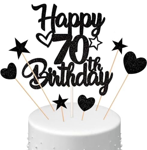 Conruich Tortendeko 70. Geburtstag Mann, Kuchendeko Happy 70th Birthday Schwarz, Glitzer Kuchen Topper 70. Geburtstag Ballons Konfetti Papierfächer für Geburtstagstorte Deko 70 Jahre Frauen Männer von Conruich
