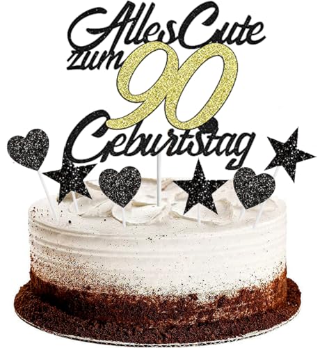 Conruich Tortendeko 90. Geburtstag Mann, Kuchendeko Happy 90th Birthday Schwarz, Glitzer Kuchen Topper 90. Alles Gute Geburtstag Ballons Konfetti für 20 Jahre Geburtstagstorte Deko Frauen Männer von Conruich