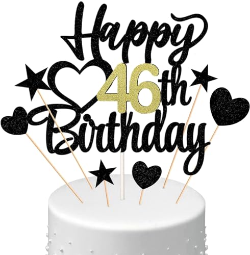 Conruich Tortendeko Happy Birthday Cake Topper 46. Geburtstag Mann Frau, Kuchendeko Happy 46th Birthday, Kuchen Topper 46. Geburtstag Ballons Konfetti für Geburtstagstorte Deko 46 Jahre Frauen Männer von Conruich