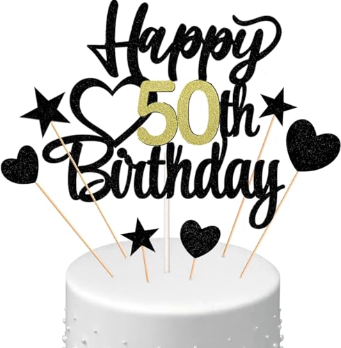 Conruich Tortendeko Happy Birthday Cake Topper 50. Geburtstag Mann Frau, Kuchendeko Happy 50th Birthday, Kuchen Topper 50. Geburtstag Ballons Konfetti für Geburtstagstorte Deko 50 Jahre Frauen Männer von Conruich