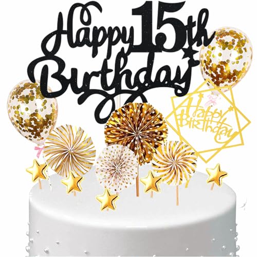 Conruich Tortendeko Happy Birthday Kuchen Topper 15. Geburtstag Junge Mädchen,Kuchendeko Happy 15th Birthday,Schwarz Cake Topper 15 Geburtstag Konfetti Ballon für Geburtstagstorte Deko 15 Jahre Kinder von Conruich