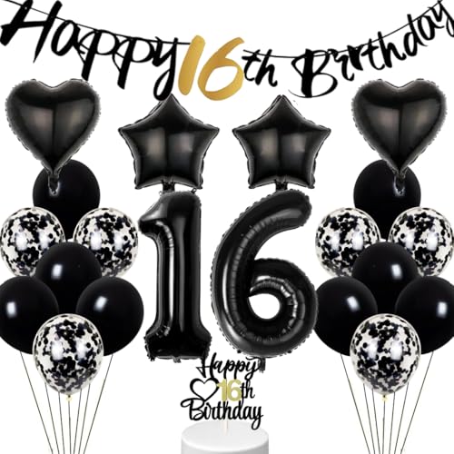 Conruich hei Geburtstagsdeko 16 Jahre Mädchen, Schwarz Weiß Ballon 16. Geburtstag Junge, Tortendeko Geburtstag 16 Jahre Mädchen, Happy 16th Birthday Banner Deko 16 Geburtstag Party Deko Junge Mädchen von Conruich