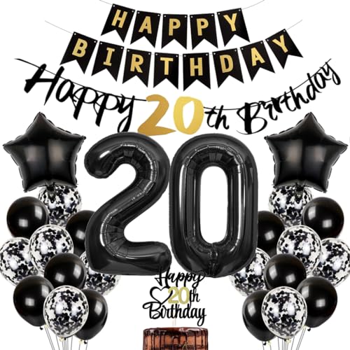 Conruich hei Luftballon 20. Geburtstag Dekoration Mann, Schwarz Geburtstagsdeko 20 Jahre Frau, Tortendeko Happy 20th Birthday Deko 20 Jahre Frauen, Schwarz Ballons 20. Geburtstag Deko Männer Frauen von Conruich