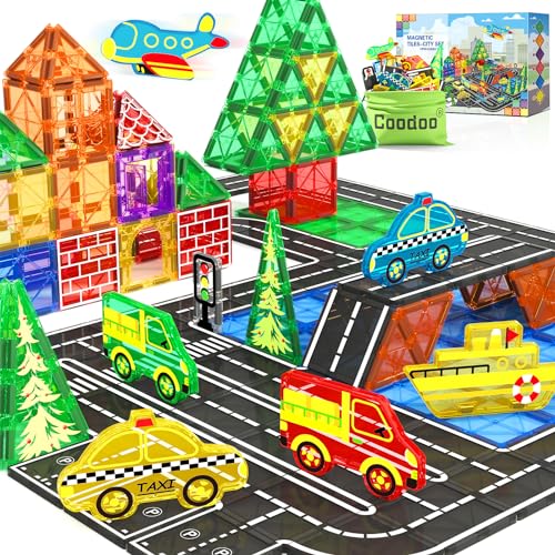 Magnetische Fliesen Stadtstraßen-Set, Kinderspielzeug, sensorische Spiele für 3-jährige Jungen und Mädchen, magnetische Blöcke für Kinder im Alter von 3–5, 4–8 Jahren, Klassenzimmer, Muss für von Coodoo