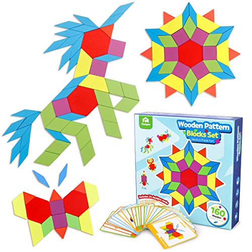 Coogam 160 Stück Holzmuster Blöcke Set Geometrisch Manipulative Form Puzzle - Grafisches Spielzeug Gehirn Stamm Geschenkmit 24 Stück Design-Karten von Coogam