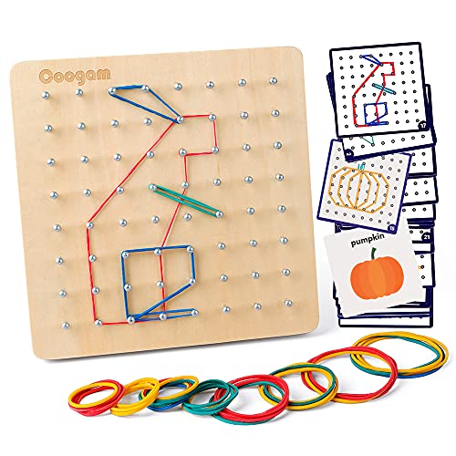 Coogam Hölz Geoboard mit Aktivitäts Muster Karten und Gummi Bändern - 8 x 8 Stifte Geometriebrett Montessori Form Puzzle Brett Inspirieren die Phantasie und Kreativität des Kindes von Coogam