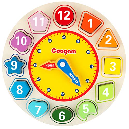 Coogam Lernuhr Holz Montessori Spielzeug mit 12 Steck-Formen Sortierung - Anzahl Blöcke Puzzle Stapeln Frühes Pädagogisches Geschenk für 1 2 3 Jahre altes Kinder von Coogam