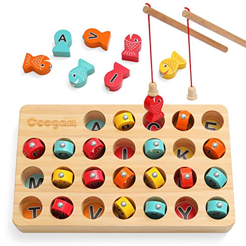 Coogam Hölzern Magnetisch Angelspiel, Feinmotorikspielzeug ABC-Alphabet-Farbsortierpuzzle, Montessori-Buchstaben-Erkennungs-Vorschulgeschenk Frühes Lernen mit 2 Polen von Coogam