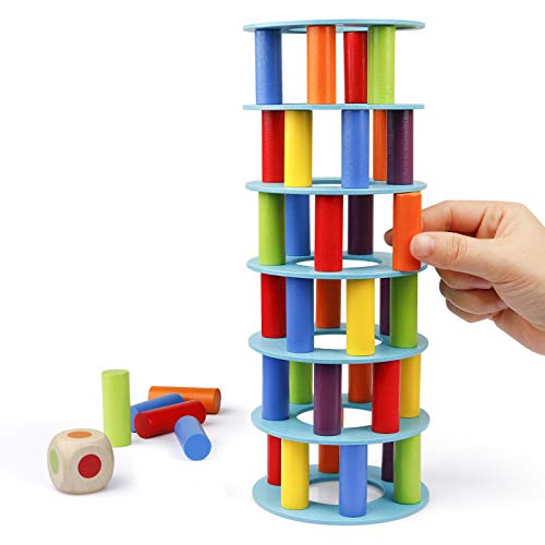 Coogam Hölzern Turm Stapelspiel, Feinmotorik-Bausteine mit Würfeln Schiefer Turm Spielzeug Montessori Family Party Games für Kinder und Erwachsene von Coogam