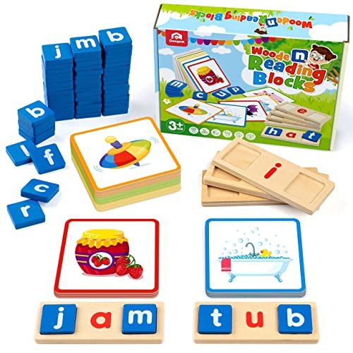 Coogam Hölzerne Kurze Vokale Buchstaben lesen Sortieren Rechtschreibspiele, Sichtwörter Karteikarten Alphabet Puzzle Montessori Lernspielzeug Geschenk für Kinder 3 4 5 Jahre alt von Coogam