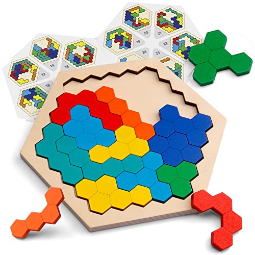 Coogam Hölzernes Sechseck-Puzzle - Form Block Tangram Denkaufgabe Spielzeug Geometrie Logik IQ Spiel STEM Montessori Pädagogisches Geschenk für alle Altersgruppen Herausforderung von Coogam