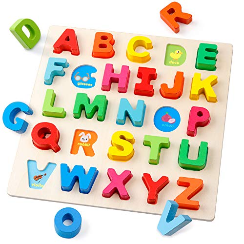 Coogam Holz Alphabet Puzzle ABC Buchstaben Peg Board Knob Montessori Puzzle Blöcke Early Learning pädagogisches Spielzeug Geschenk für 1 2 3 Jahre altes Kleinkind Baby Kinder von Coogam