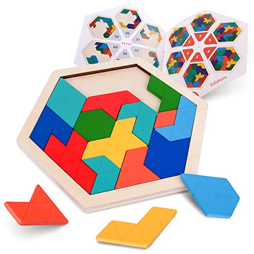 Coogam Holz Kinder Puzzle - Sechseck Form Muster Block Tangram Logik IQ Spiel STEM Montessori Brain Teaser Spielzeug Geschenk für Jugendliche von Coogam