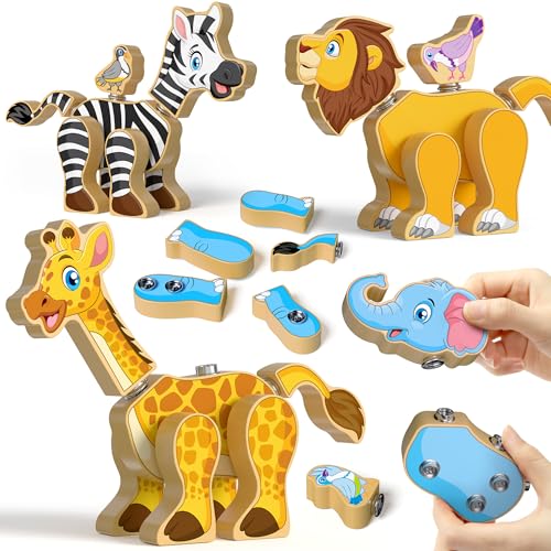 Coogam Holz Snap zusammen Bauspielzeug, nehmen Sie auseinander Baubauer, Montage Tier Bausteine, STEM Feine Motor Lernen Spielzeug Geschenk für 3 4 5 Jahre alte Kinder von Coogam