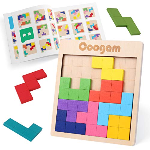 Coogam Holz Tangram Puzzle Muster blockiert Brain Teasers Spiel mit 60 Herausforderungen, 3D russische Gebäude Spielzeug Holzform Puzzles Montessori STEM Lernspielzeug Geschenk für Kinder Erwachsene von Coogam