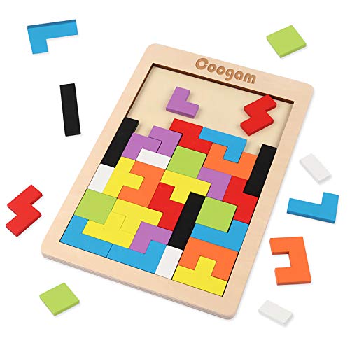 Coogam Holz Puzzle 40 Stück Tangram Puzzle Gehirntraining Spielzeug für Kinder, Holzpuzzle Box Gehirn Spiel Baustein Intelligenz pädagogisches Geschenk für Kleinkinder von Coogam