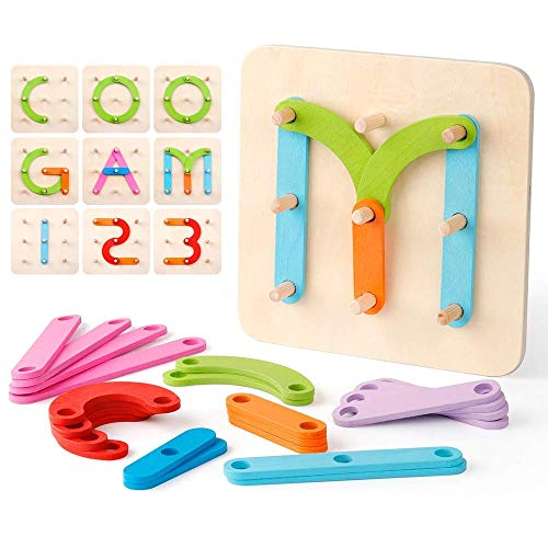 Coogam Montessori Buchstaben Spiel Holz Zahlen Alphabet Bauaktivität Set Vorschule Pädagogisches Spielzeug Form Farberkennung Stapelblöcke Sortierbrett für Kinder von Coogam