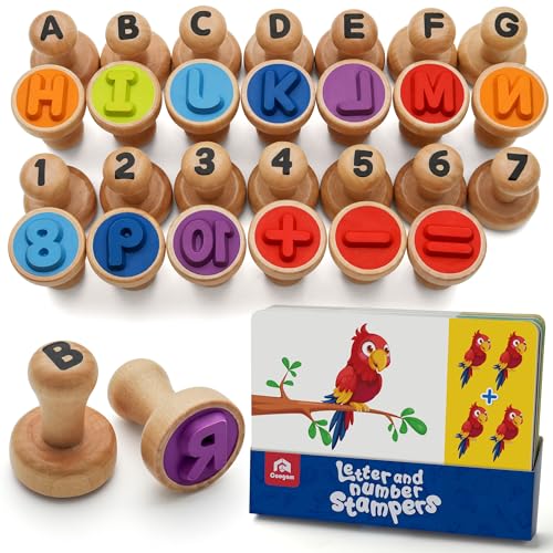 Coogam Holzbuchstaben mit digitalen Siegeln, ABC Schreibbuchstaben Siegel und Mathematik lernen mit digitalen Siegeln Kunst und Handwerk Lieferungen, Montessori Bildungspielzeug Geschenk 3-4-5 Jahre von Coogam