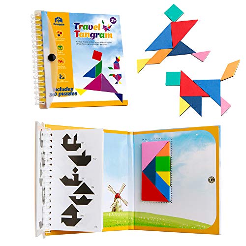 Coogam Magnetische Reise Tangram Puzzles Buch Spiel Tangrams Jigsaw Shapes Dissektion mit Lösung für Kind Erwachsene Urlaub Traveller Tangoes Herausforderung IQ pädagogisches Spielzeug (360 Muster) von Coogam