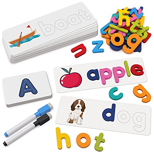 Coogam Siehe Rechtschreibung Lernspielzeug, passende Lernkarten Buchstaben Holzfarbe ABC Alphabet Spiele Montessori Vorschule frühes Lernen pädagogisches Geschenk für Kinder (108 Stück) von Coogam