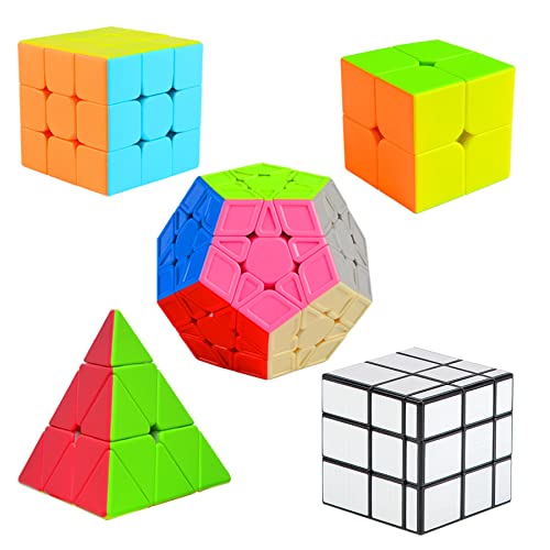 Cooja Zauberwürfel Set 2x2 + 3x3 + Pyraminx + Megaminx + Mirror Cube, 5 Stück Speed Cube Magischer Würfel Speedcube, Schnelles Glattdrehen Robust Spielzeug für Jungen Mädchen von Cooja