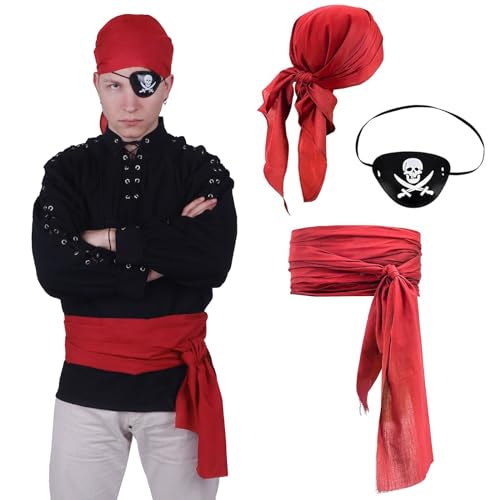 CoolChange Piraten Kostüm Set | mit Kopftuch, Piratenschärpe & Augenklapee | Freibeuter Verkleidung | Rot von CoolChange