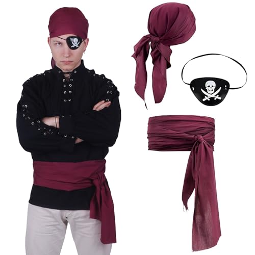 CoolChange Piraten Kostüm Set | mit Kopftuch, Piratenschärpe & Augenklapee | Freibeuter Verkleidung | Weinrot von CoolChange