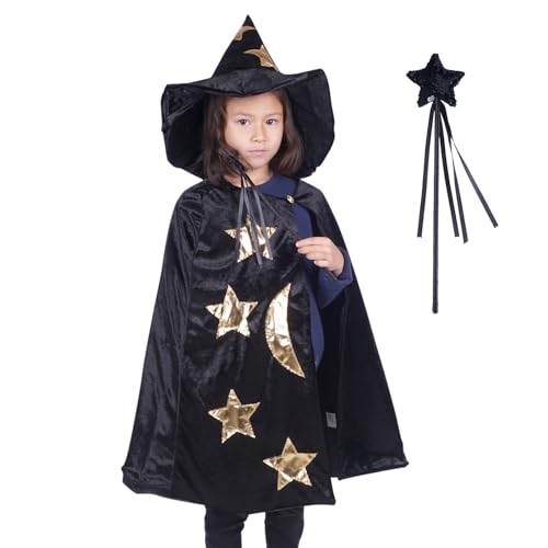 CoolChange Zauberer Kinderkostüm Set mit Umhang, Zauberhut & Zauberstab | Hexen Kinder Verkleidung | Magier Kostüm | Schwarz von CoolChange