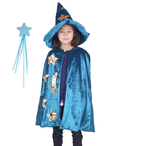 CoolChange Zauberer Kinderkostüm Set mit Umhang, Zauberhut & Zauberstab | Hexen Kinder Verkleidung | Magier Kostüm | Türkis von CoolChange