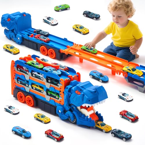 COOLDELE Dinosaurier Rennstrecken Set für Kinder von 3-8，Jahren Mit 12 Die-Cast-Autos, Dino Transporter 152 cm Strecke Kinder von 3-9 von Cooldele