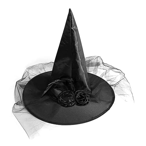 Hexenhut für Halloween Frauen - Magischer Hexenhut für Frauen - Mit Federn und Netz-Design - Perfektes Zaubererhut Zubehör für Party, Cosplay und Maskerade (Schwarz) von Coolon