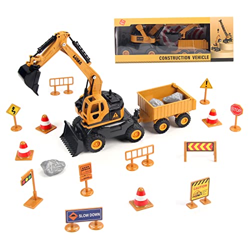Coolplay Bagger Spielzeug für Jungen, Konstruktionsspielzeug mit Straßenschild Set, Bagger mit Anhänger für 3-8 Jahre von Coolplay