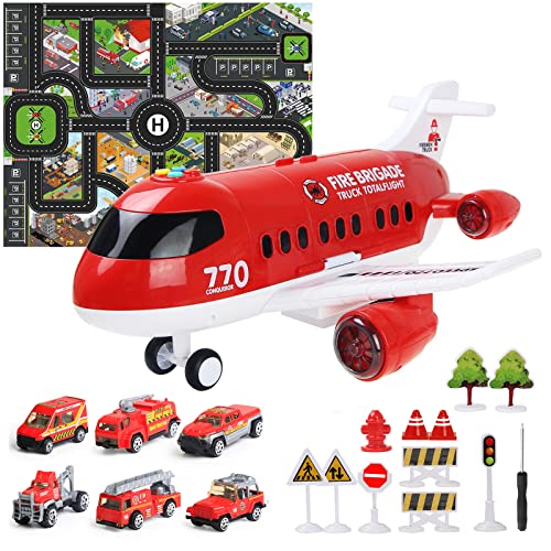 Coolplay Flugzeug Spielzeug Auto Set, 1 Groß Flugzeug 6 Feuerwehrauto mit Verkehrsschilder Spielzeug für ab 3-6 Jahre Junge Kinder von Coolplay