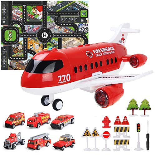 Coolplay Flugzeug Spielzeug Auto Set, 1 Groß Flugzeug 6 Feuerwehrauto mit Verkehrsschilder Spielzeug für ab 3-6 Jahre Junge Kinder von Coolplay