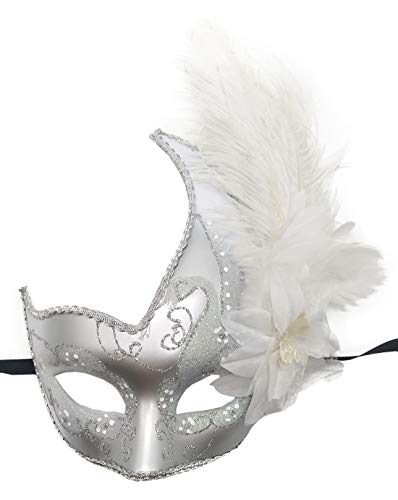 Coolwife Kostüm Maske Feder Maskerade Maske Halloween Karneval Cosplay Partei Masque (Silber Weiss) von Coolwife